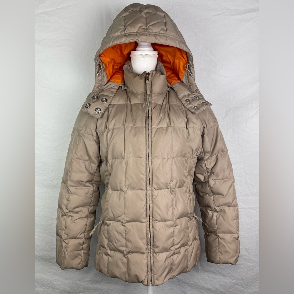 Women's Vintage GAP Down Puffer Jacket-M-Tan & Orange-Zip-Hood-Pockets-Collar